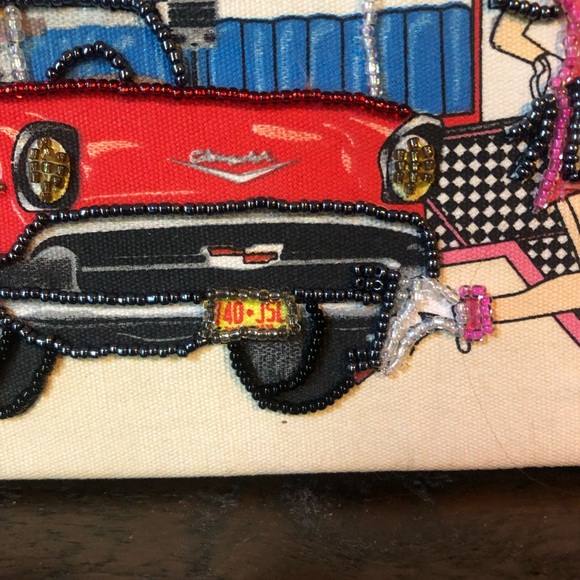 Vintage Choice Made Beaded Cigar Box Purse with Jerry's Drive-In, Car Hop, Chevy - Picture 4 of 15